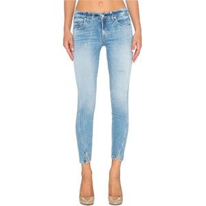 Amo Twist skinny light wash distressed jeans with front slit in sweet cheeks 27